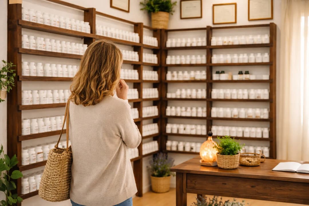Persona mirando estanterías de suplementos en un herbolario