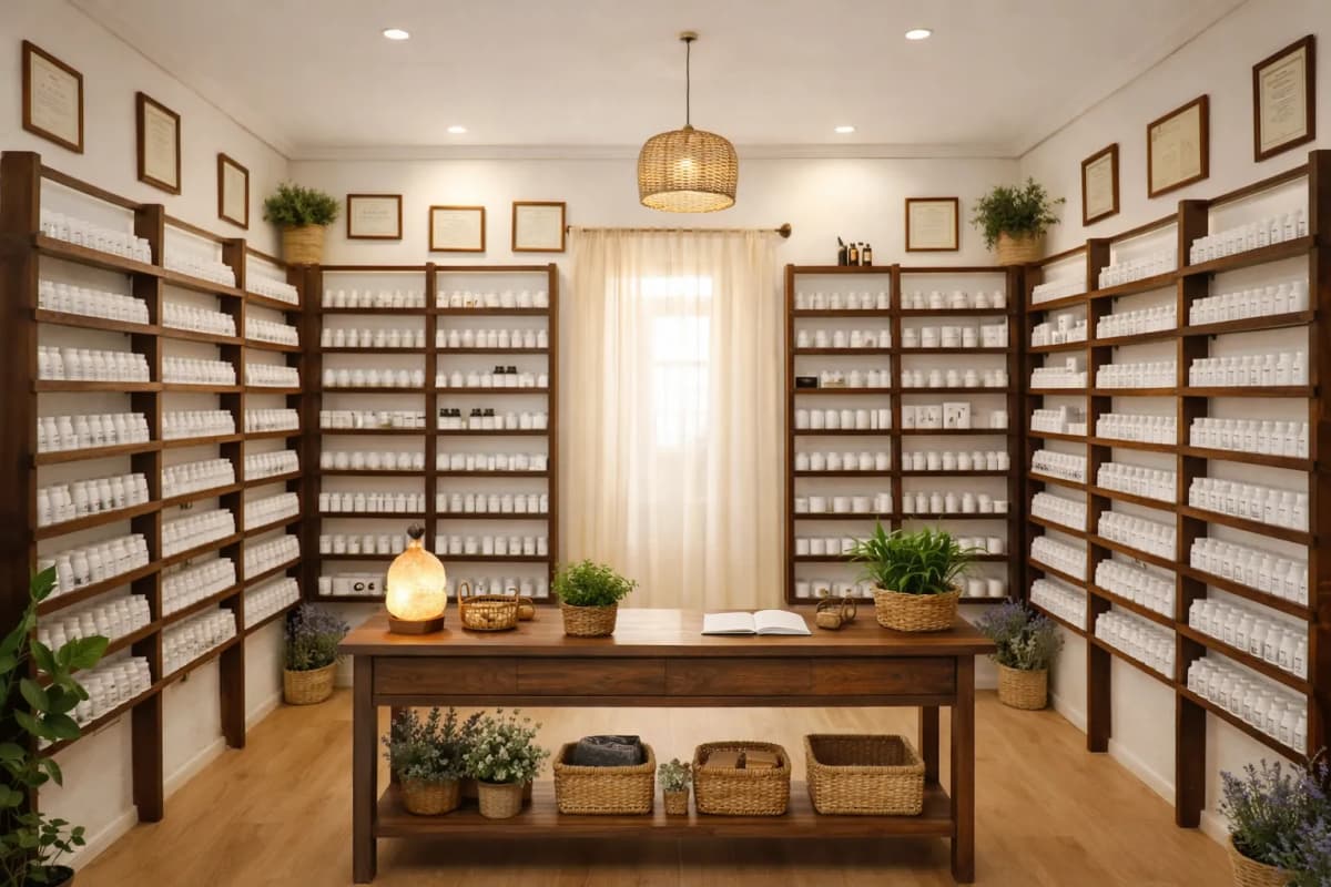 Herbolario profesional con estanterías de suplementos naturales