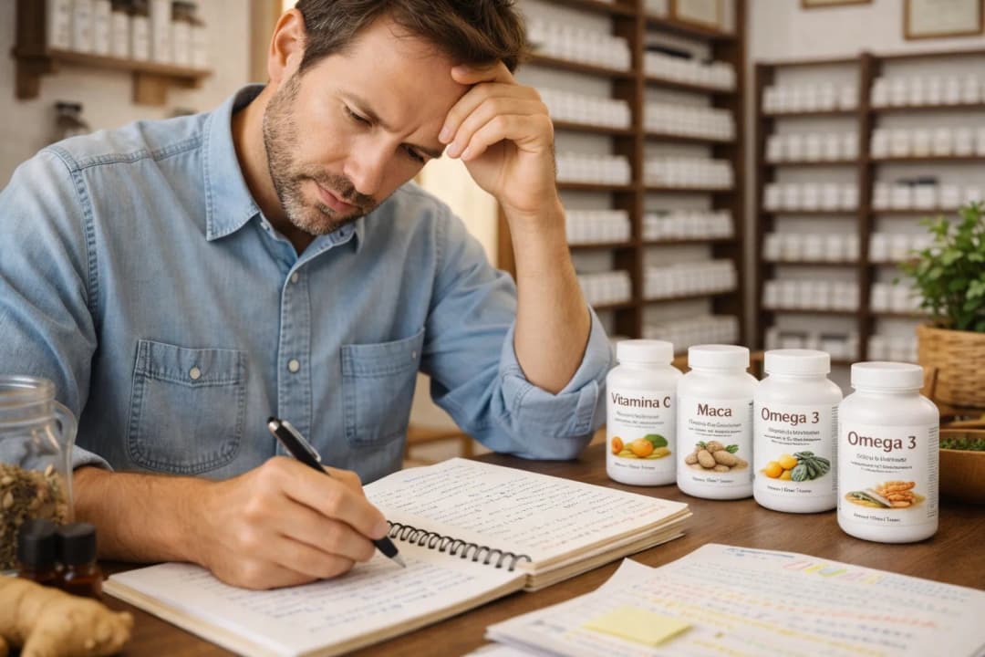 Profesional estudiando con suplementos naturales