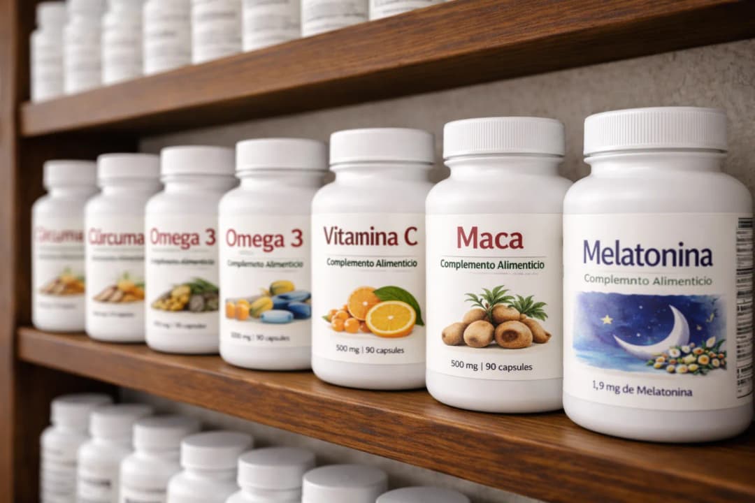 Suplementos naturales de marca propia en estantería profesional